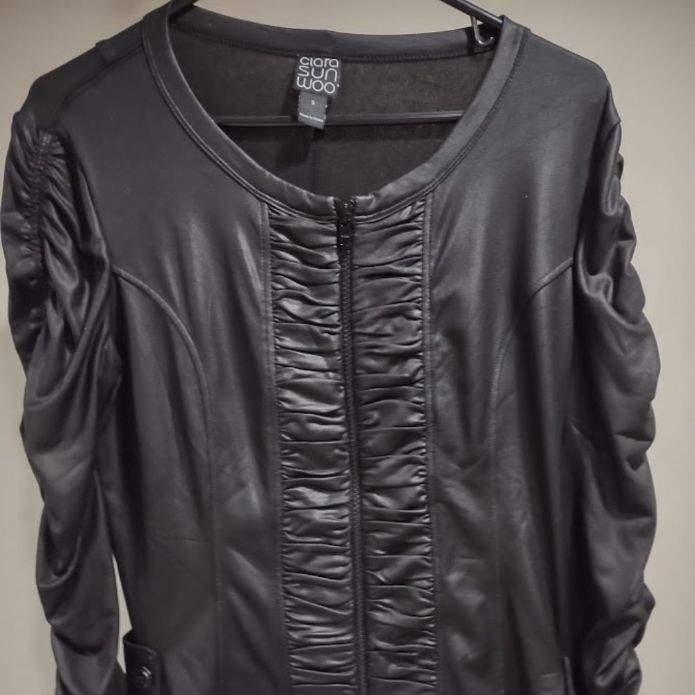 CLARA SUN WOO GOTHIC EDGY BLACK VEGAN LIQUID LEATHER RUCHED JACKET  WOMEN'S S